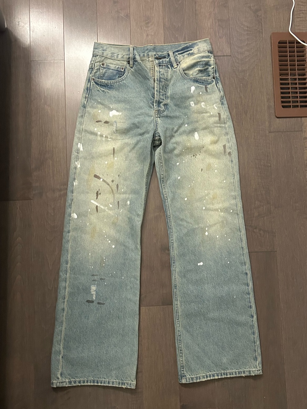 Acne Men’s Light Blue Relaxed Jeans with Paint-Splatter